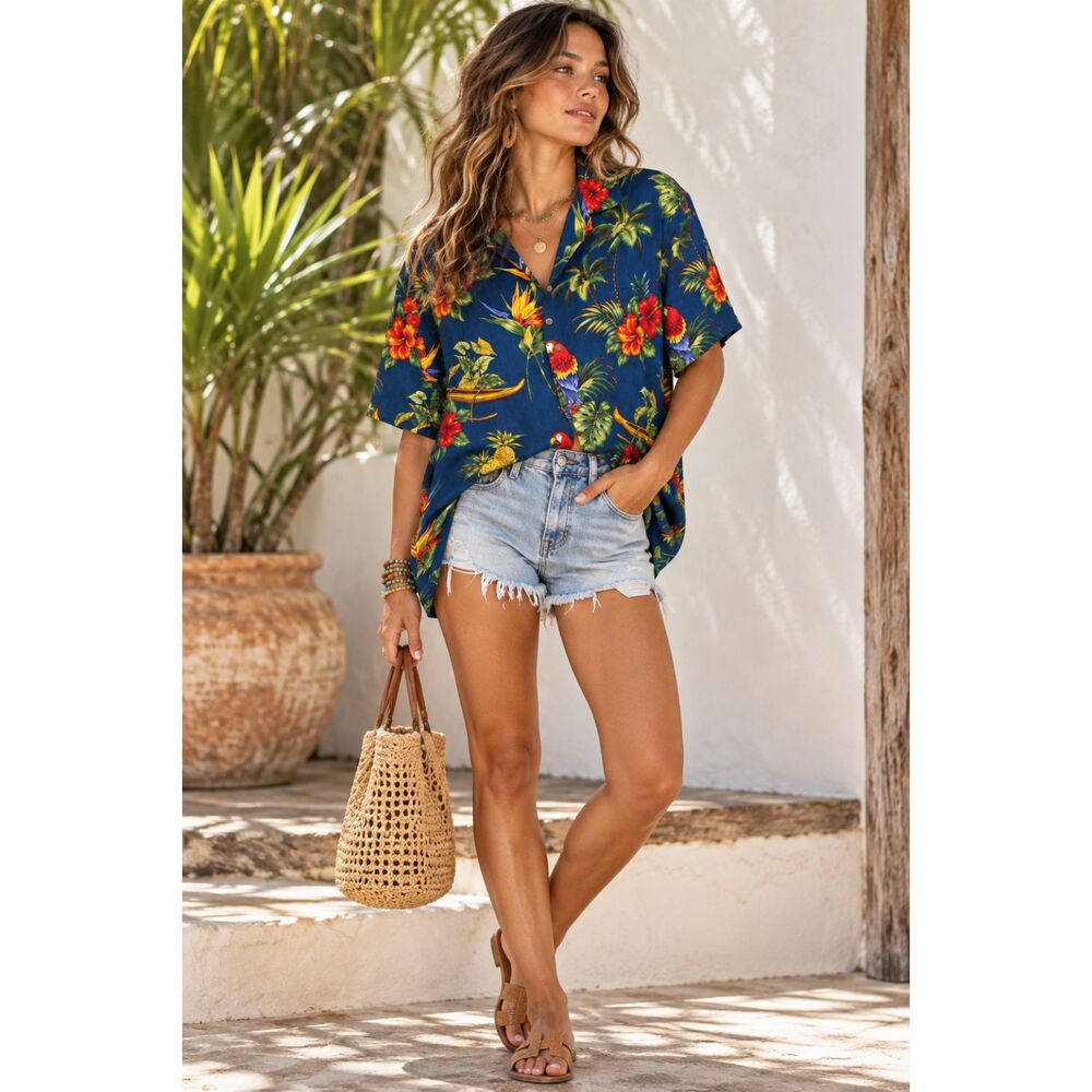 Vintage Ho Aloha Hawaiian Shirt Women’s Blue Tropical Aloha Shirt Made in Hawaii